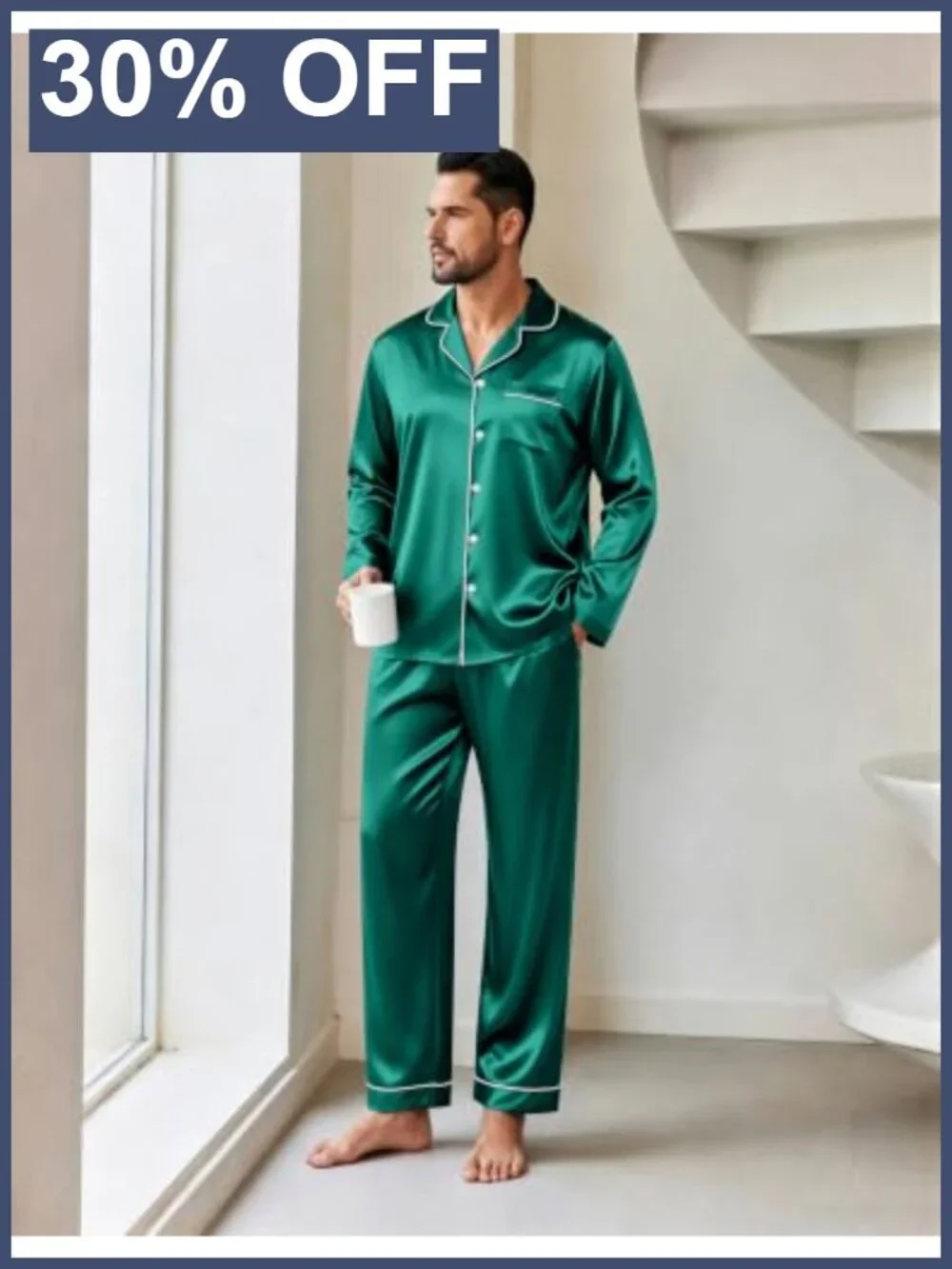 Men's Silk Satin Pajama Set Long Sleeve Button Down Sleepwear Lounge